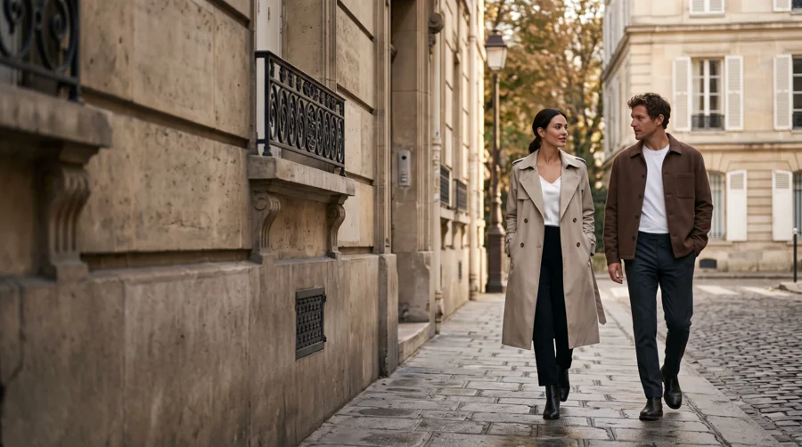 Two people in neutral contemporary layers walking along a warm stone city street